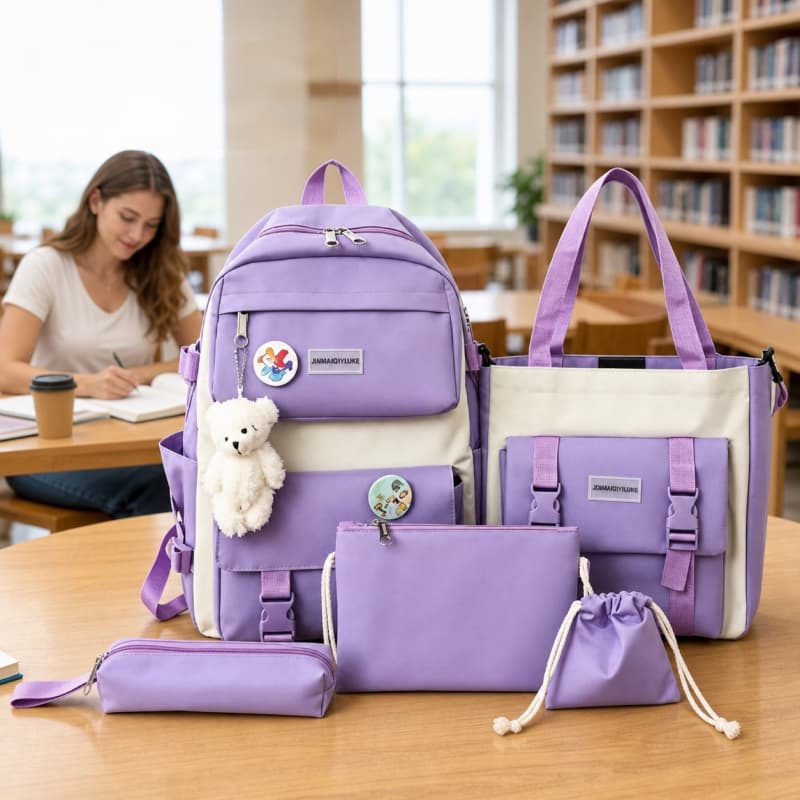 Kit Mochila Escolar 5 Peças, Mochila Feminina Casual Grande Capacidade com Chaveiro e Broches para Estudantes
