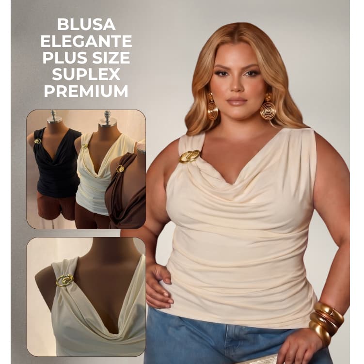 Blusa Plus Size com Gola Boba Degagê Suplex Premium Detalhe em Fivela Dourada Na Alça Zero Transparência Forrada Moderna