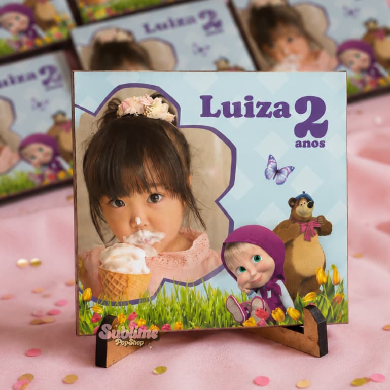 Quadro Foto Lembrançinha Aniversário Marsha e o Urso  MDF 10x10cm