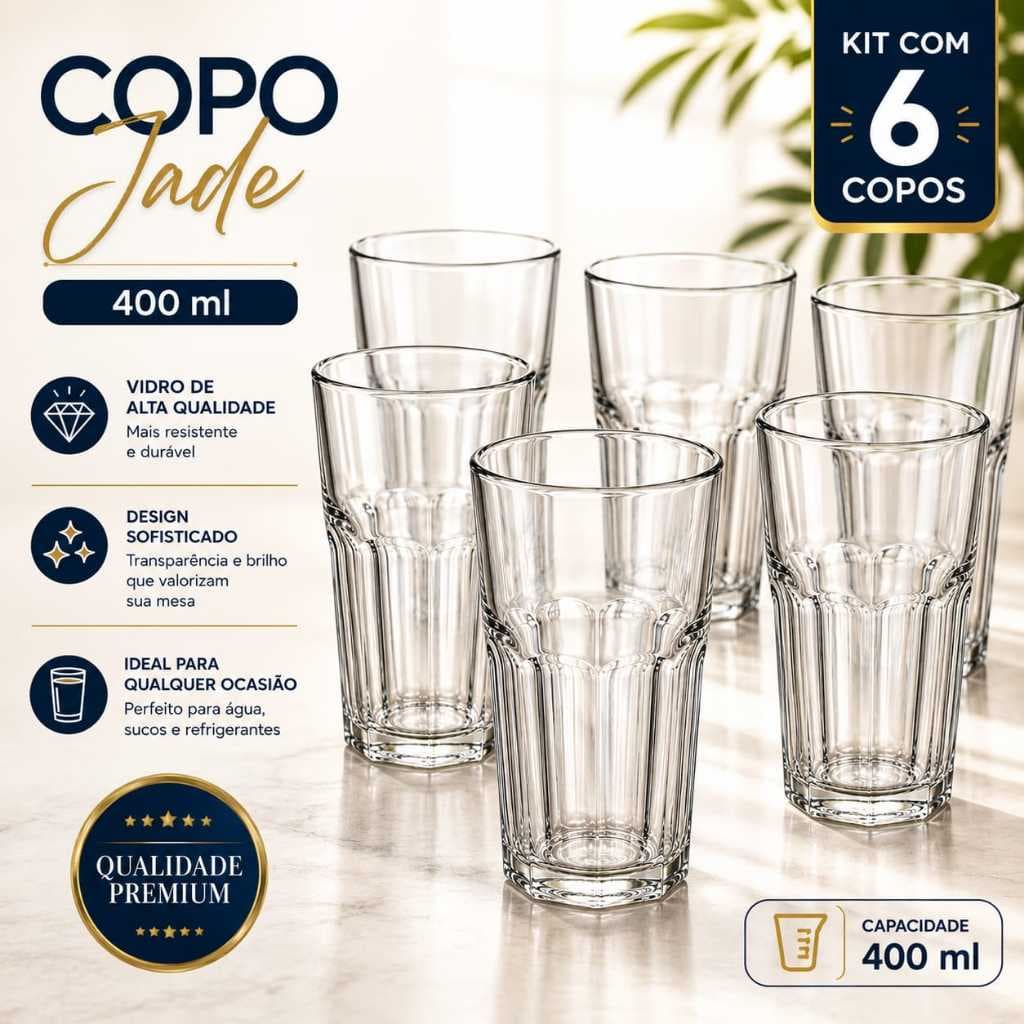 Kit Com 6 Copos De Vidro Jogo Para Cozinha Modernos Resistentes Grosso 400 Ml Copo De Vidro
