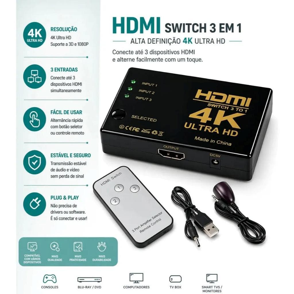 SWITCH HDMI ULTRA HD 4K 3 ENTRADA 1 SAIDA KP 3465 KNUP ORIGINAL ALTA QUALIDADE