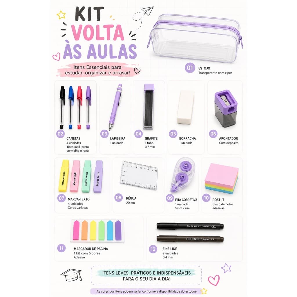 Kit Volta às Aulas Completo com Estojo | 20 Itens de Material Escolar e Estudos