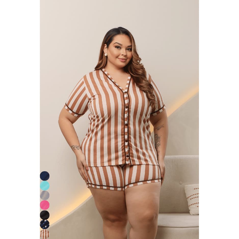 Pijama Plus Size Feminino Baby Doll Botão Funcional Americano Conforto Amamentação Pós Cirúrgico