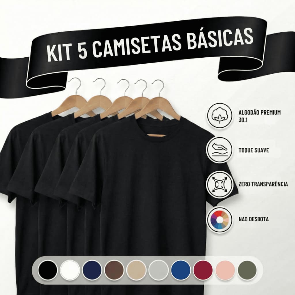Kit 5 Camisetas Masculinas Pretas 100% Algodão Básicas Lisas Manga Curta