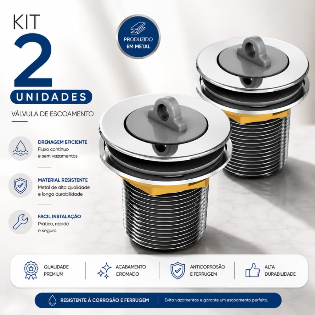 Válvula para Tanque de Lavar Roupa Metal 1.1/4 Cromada Anti Vazamento Alta Durabilidade
