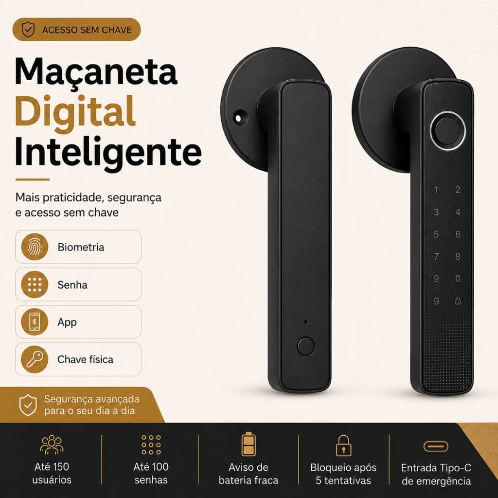 Fechadura Digital Inteligente Biométrica Com Senha Maçaneta Eletrônica Para Porta