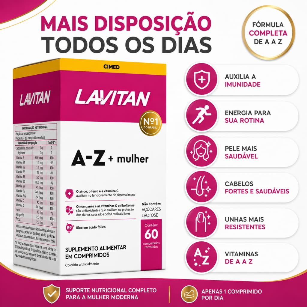Lavitan A-Z Mulher Imunidade Energia Cabelo e unha Suplemento Alimentar diaria Completo