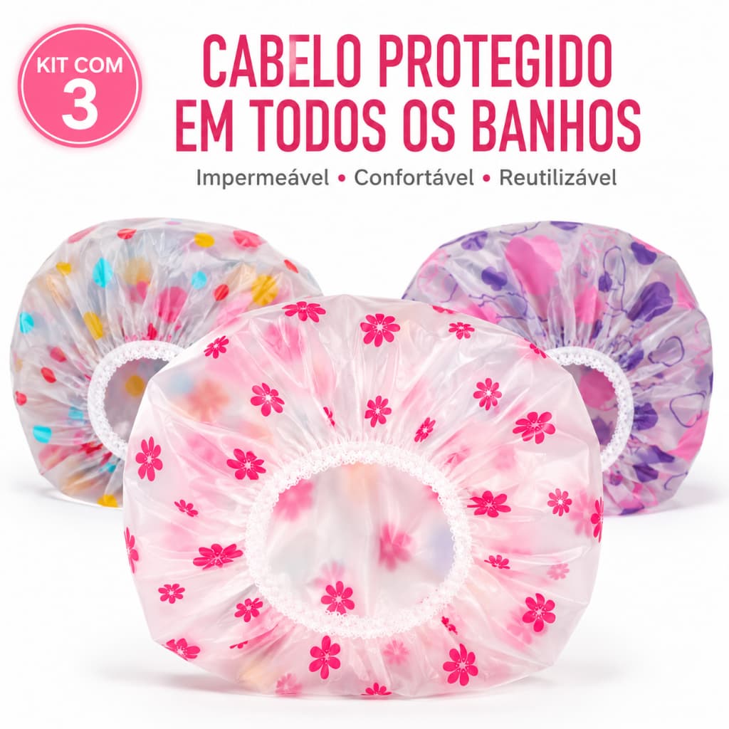 Kit 3 Toucas de Banho Impermeáveis Elástico Confortável Reutilizavel para Banho Hidratação Cronograma