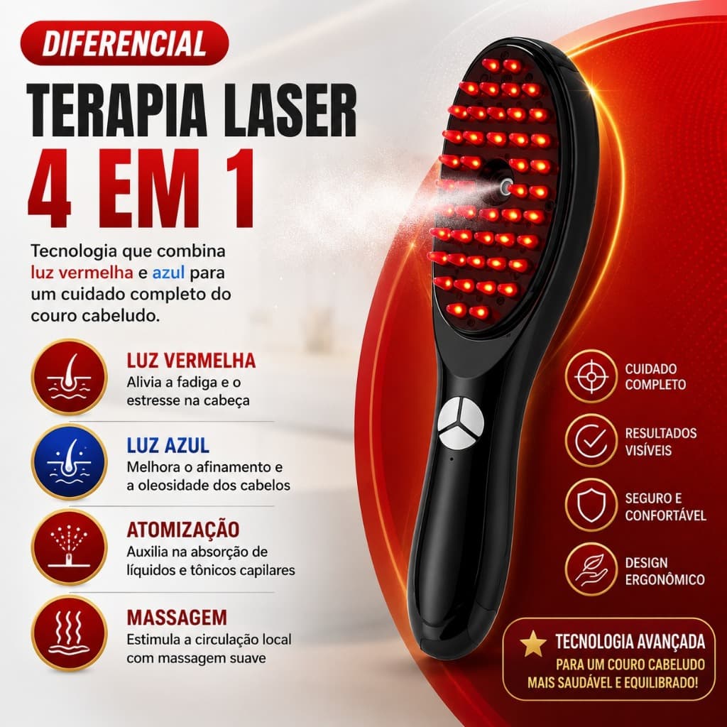 Pente Massageador Capilar Laser 4 em 1 Massageador Couro Cabeludo Estimulador Capilar Preto