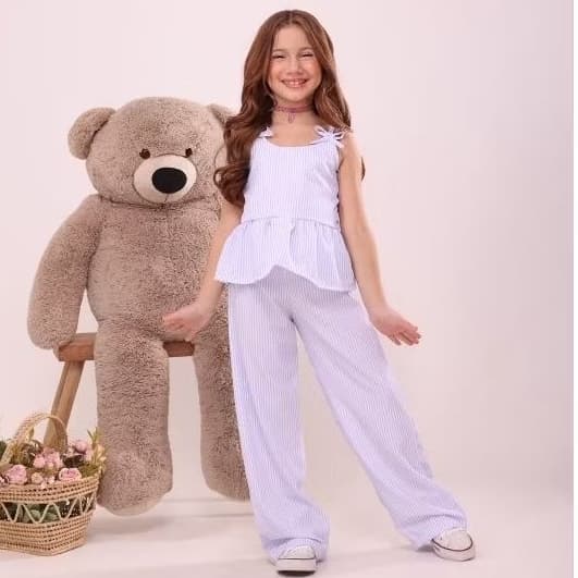 Conjunto Infantil Menina Pantalona e Blusa Bata Listrado Moda Blogueirinha [TAMANHO 4 AO 10]