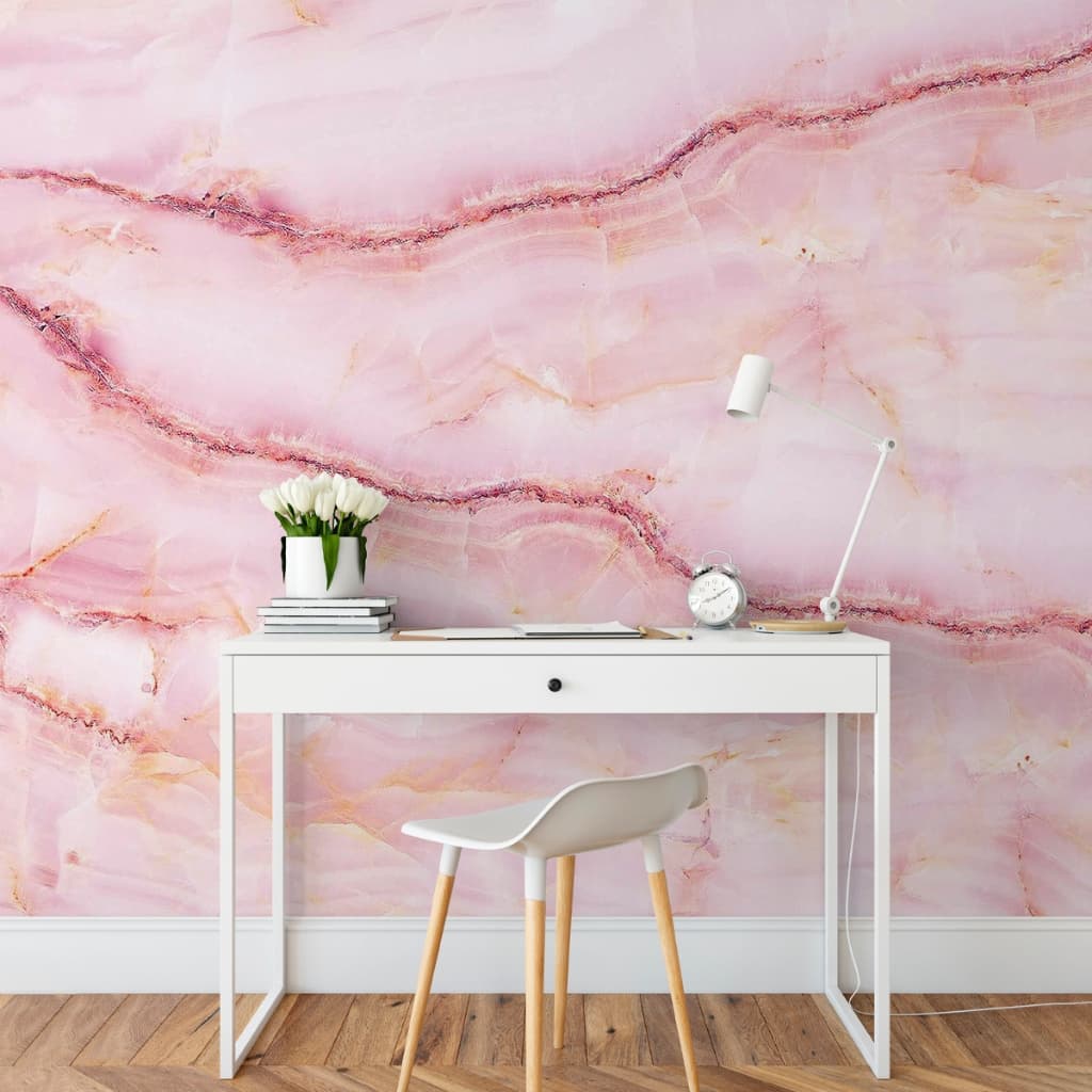 Papel de Parede Mármore Rosado Com Veias Rosas Escuras - Adesivo Autocolante