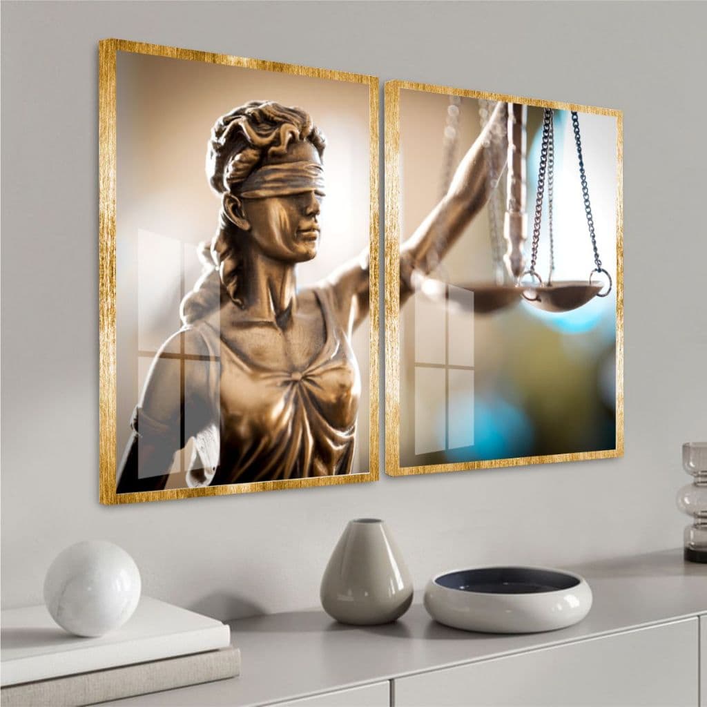 Kit Dois Quadros Decorativos Deusa Da Justiça Olhos Vendados Decoração Escritório Advocacia