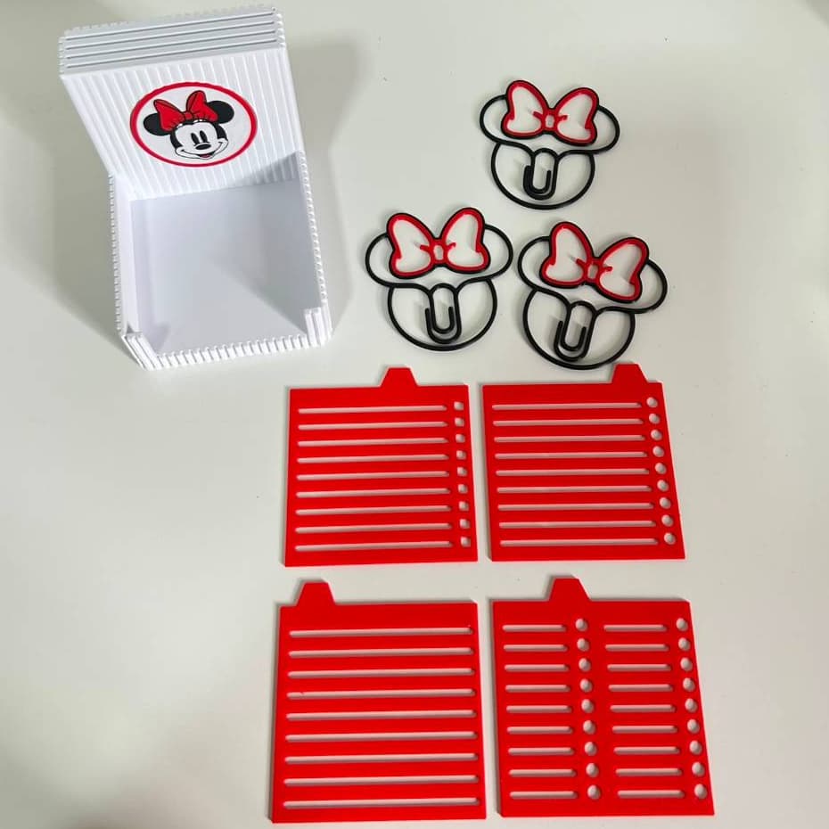 Kit Papelaria Fofa - Organizador - inspirado na Minnie: Porta Post-it + 4 Réguas Stencil + 3 Clips Fofos