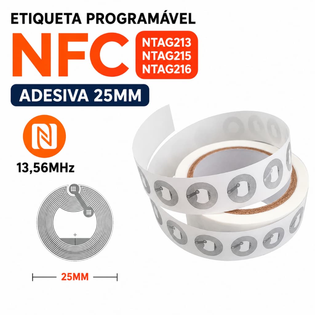 Kit Etiqueta 10 Unidades Programável NFC Adesiva 25mm 13,56MHz