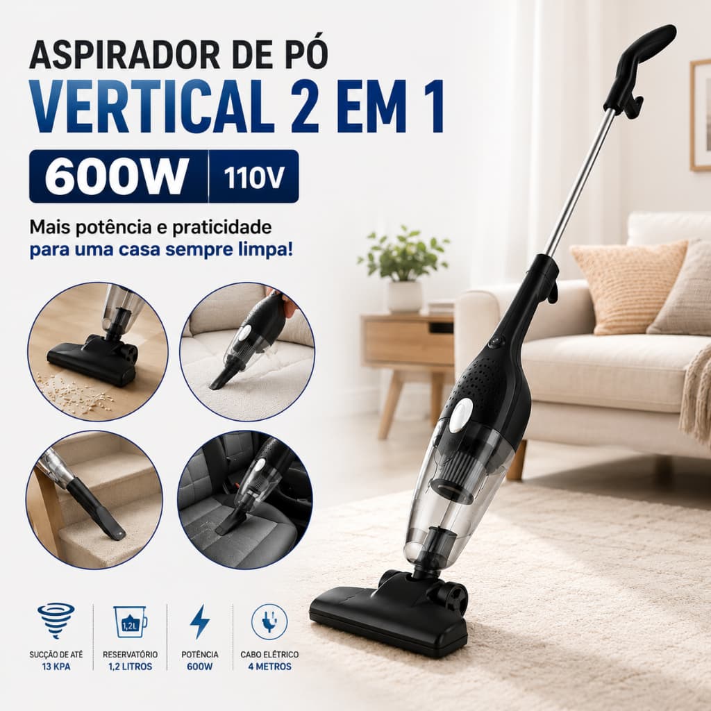 Aspirador de Pó Vertical 2 em 1 600W 110V Portátil com Fio 13Kpa Reservatório 1,2L