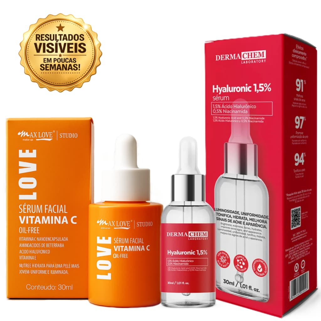 Kit Vitamina C Max Love + Ácido Hialurônico Dermachem Clareador Hidratação Anti Idade Skincare Facial