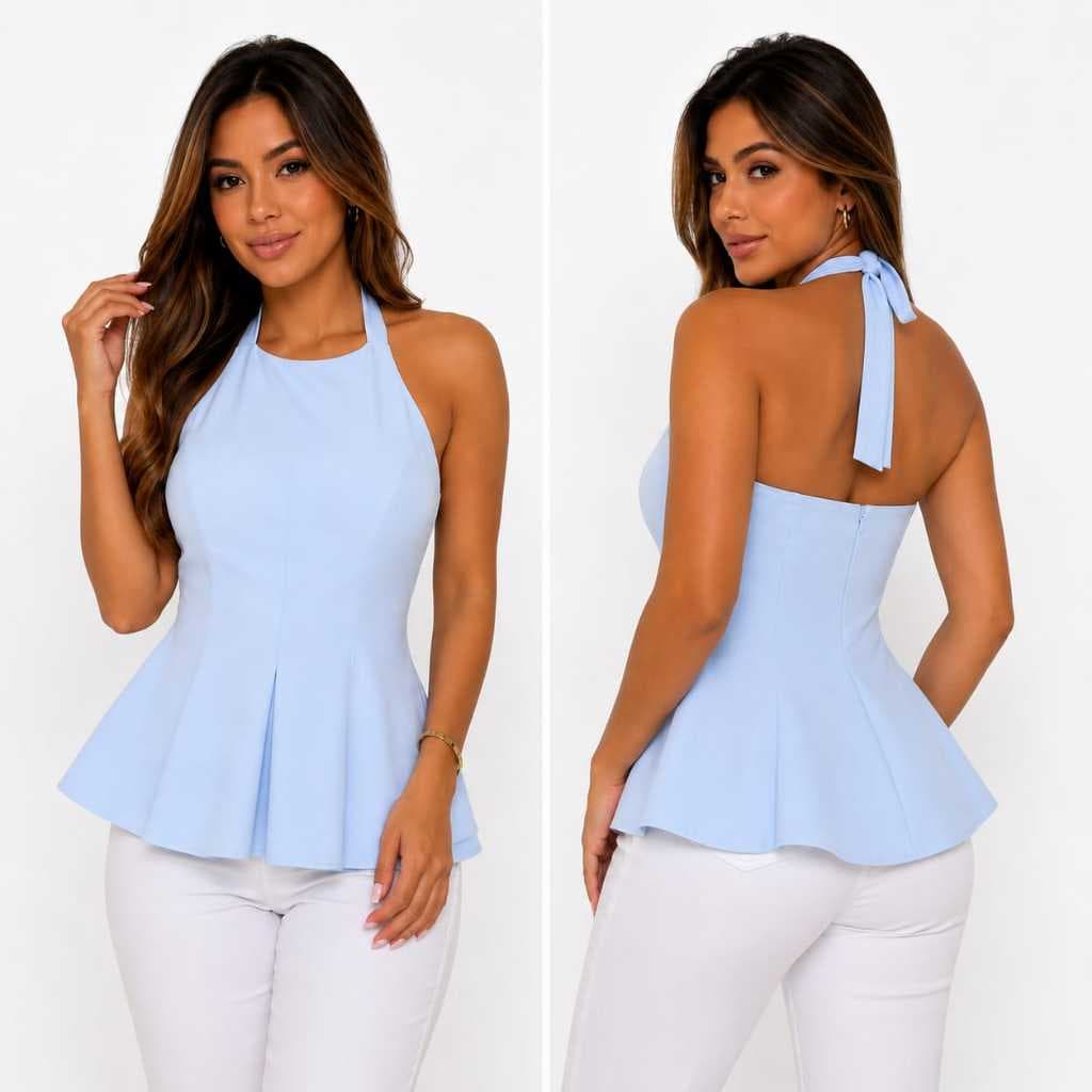 Blusa Feminino Peplum em alfaiateria  Premium Gola Halter ,Amarração no Pescoço Look Elegante chic 2026