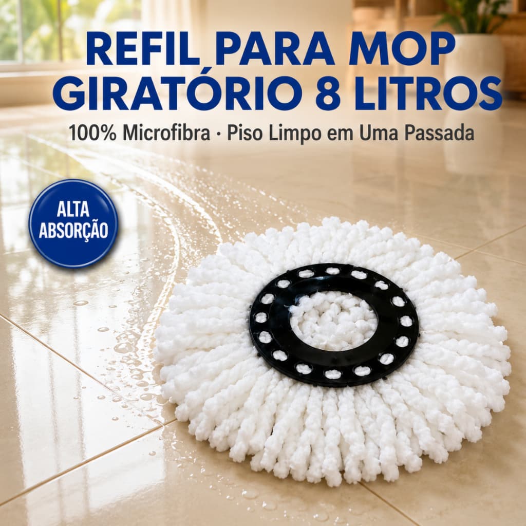 Refil Mop Giratório 8 Litros Microfibra Encaixe Universal Microfibra Alta Absorção