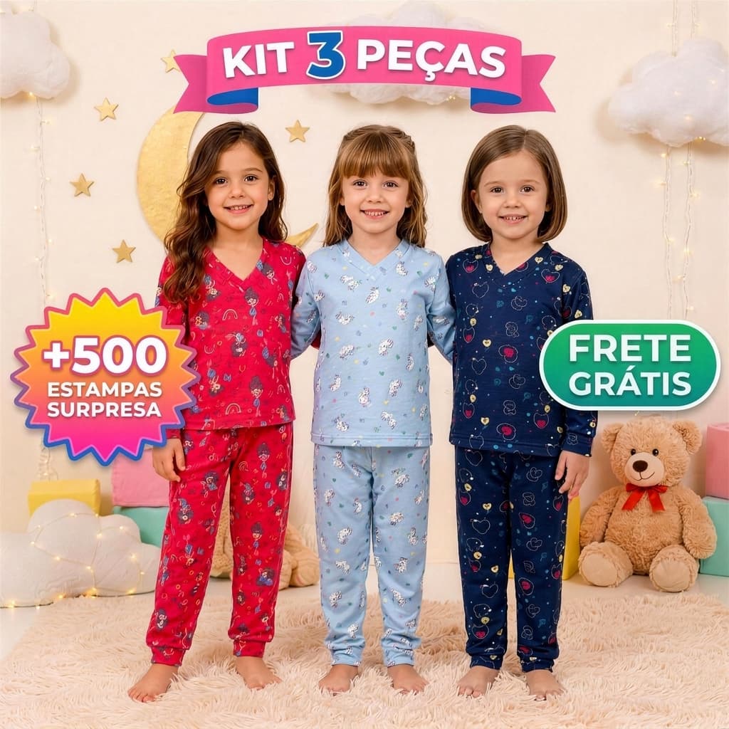 Pijama Infantil Menina Kit 3 Conjuntos Inverno Soft Suede Manga Longa Quentinho 1 a 12 Anos