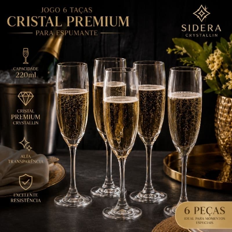 Conjunto Jogo 6 Taças de Espumante Champagne Cristal Crystal Glass 220ml Sidera Sofisticada Enxoval Decorativa