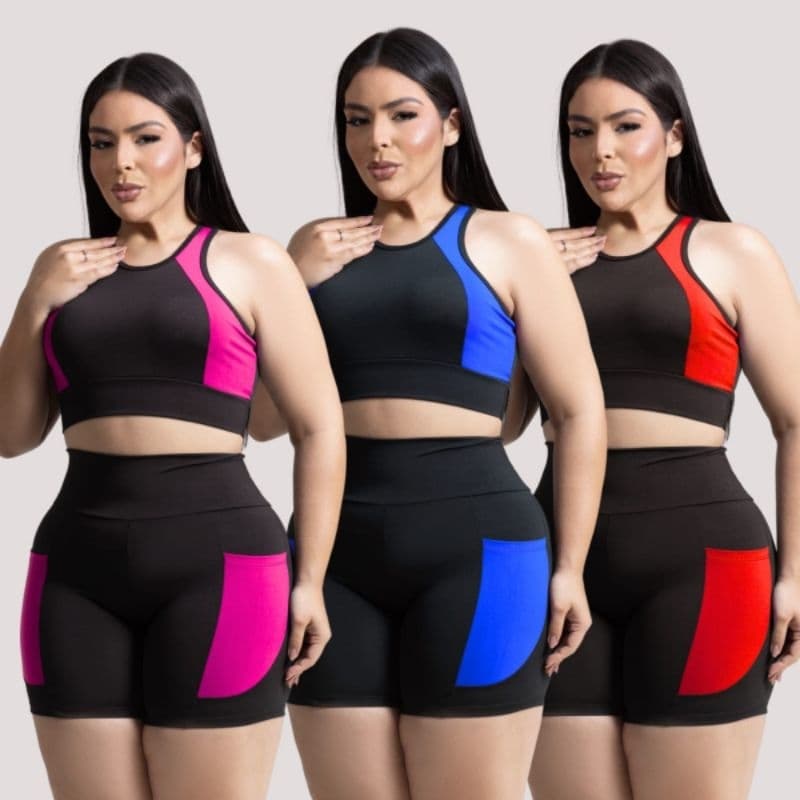 Conjunto Top e Short Com Bolso Moda Fitness Plus Size Feminino Cintura Alta  Suplex Premium Academia