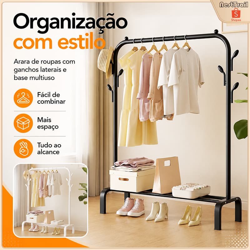 Cabideiro de Chão com Sapateira e Ganchos, Arara de Roupas Multifuncional em Metal para Quarto e Closet –Preto ou Branco