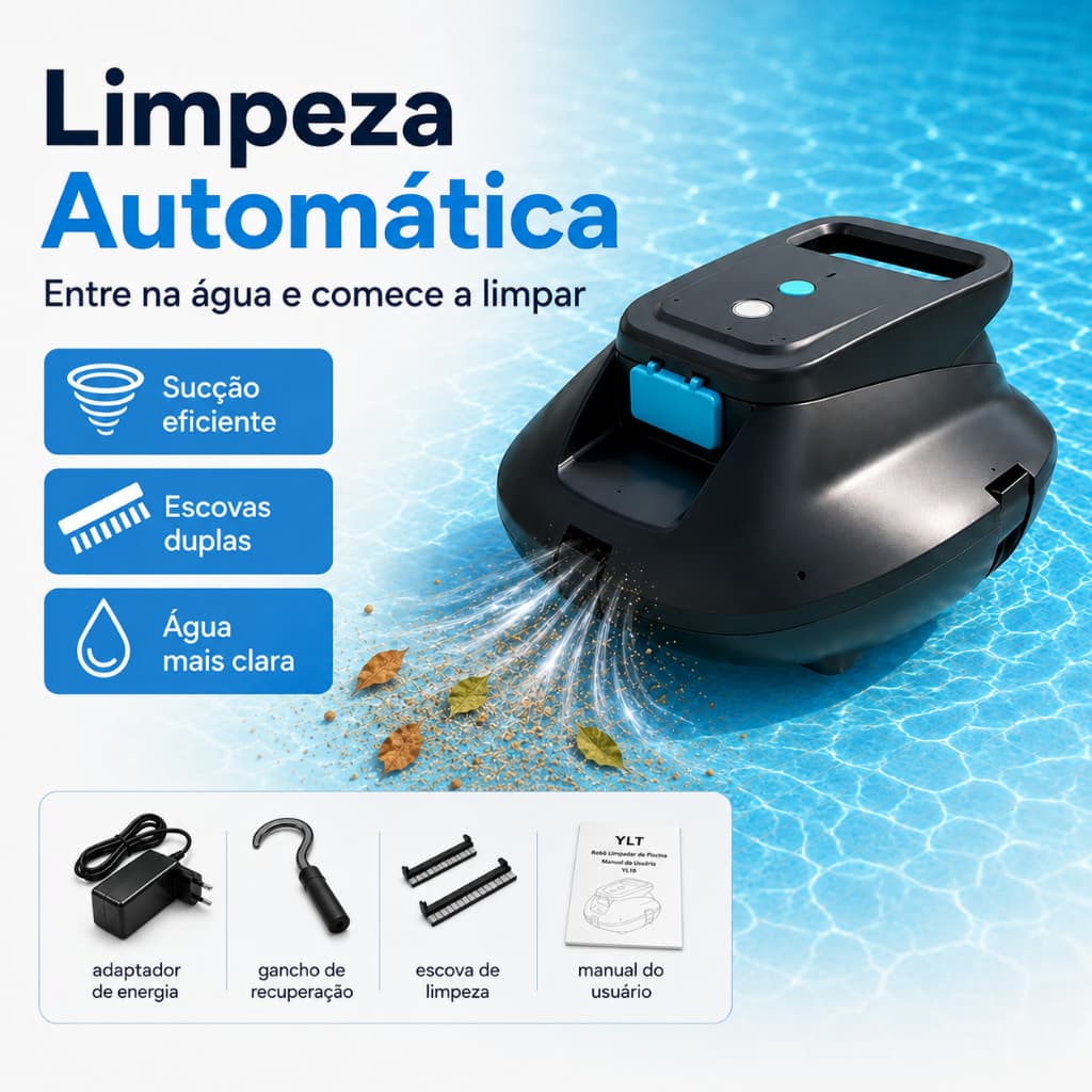 Robô Aspirador de Piscina Sem Fio com Limpeza Automática Filtro Removível Dupla Sucção e Bateria 4000mAh