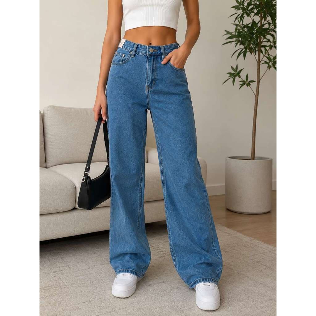 Calça Jeans Feminina Wide Leg Cintura Alta Jeans Azul Claro Casual Moda 2026
