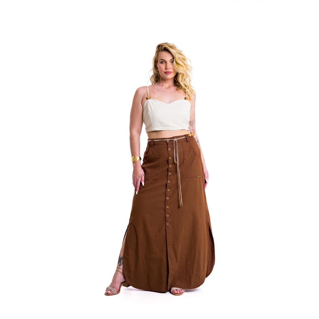 Saia Longa Plus Size De Linho Marrom Com Botões Elástico e Cinto Elegante