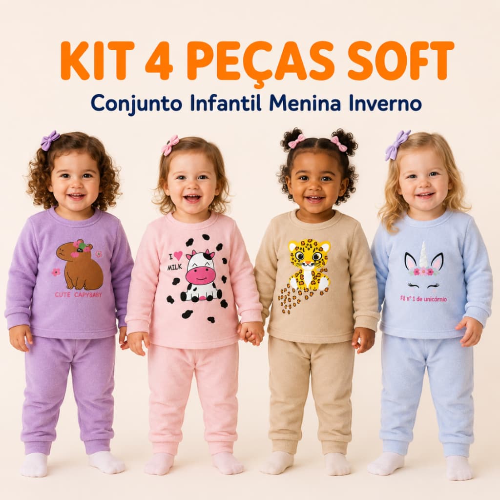 Kit 4 Peças Soft conjunto  Infantil Menina Inverno 2 Conjuntos Sortidos P ao G (1 a 3 Anos) Super Macio e Quentinho