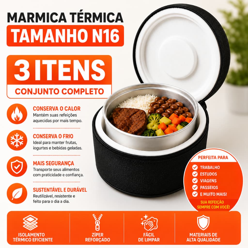 Kit Marmita Térmica Redonda Média Nº16 com 3 Marmitas de Alumínio e Bolsa Térmica