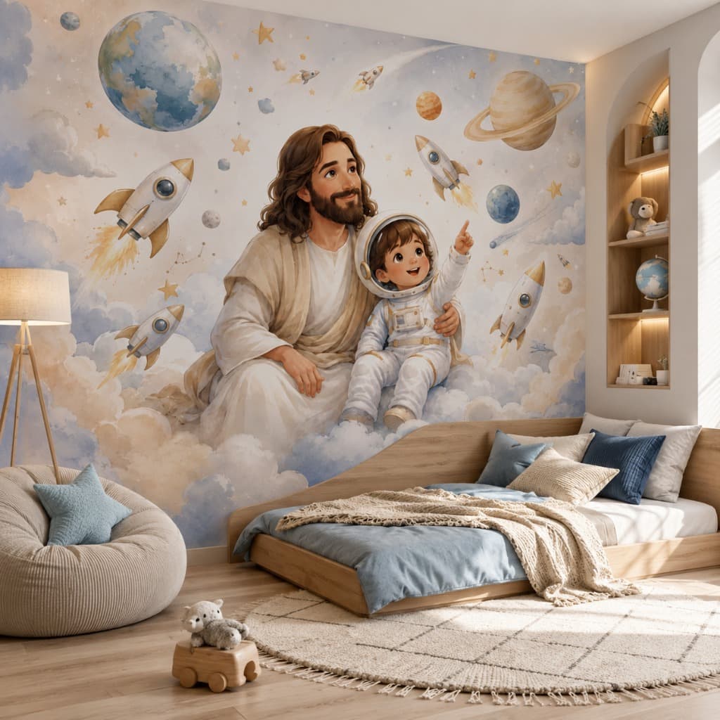 Papel De Parede Adesivo Menino Astronauta E Jesus Cristo