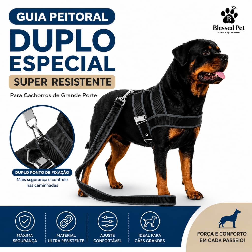 Guia Peitoral De Nylon Duplo Especial Super Resistente Para Cachorro Cão Grande Porte