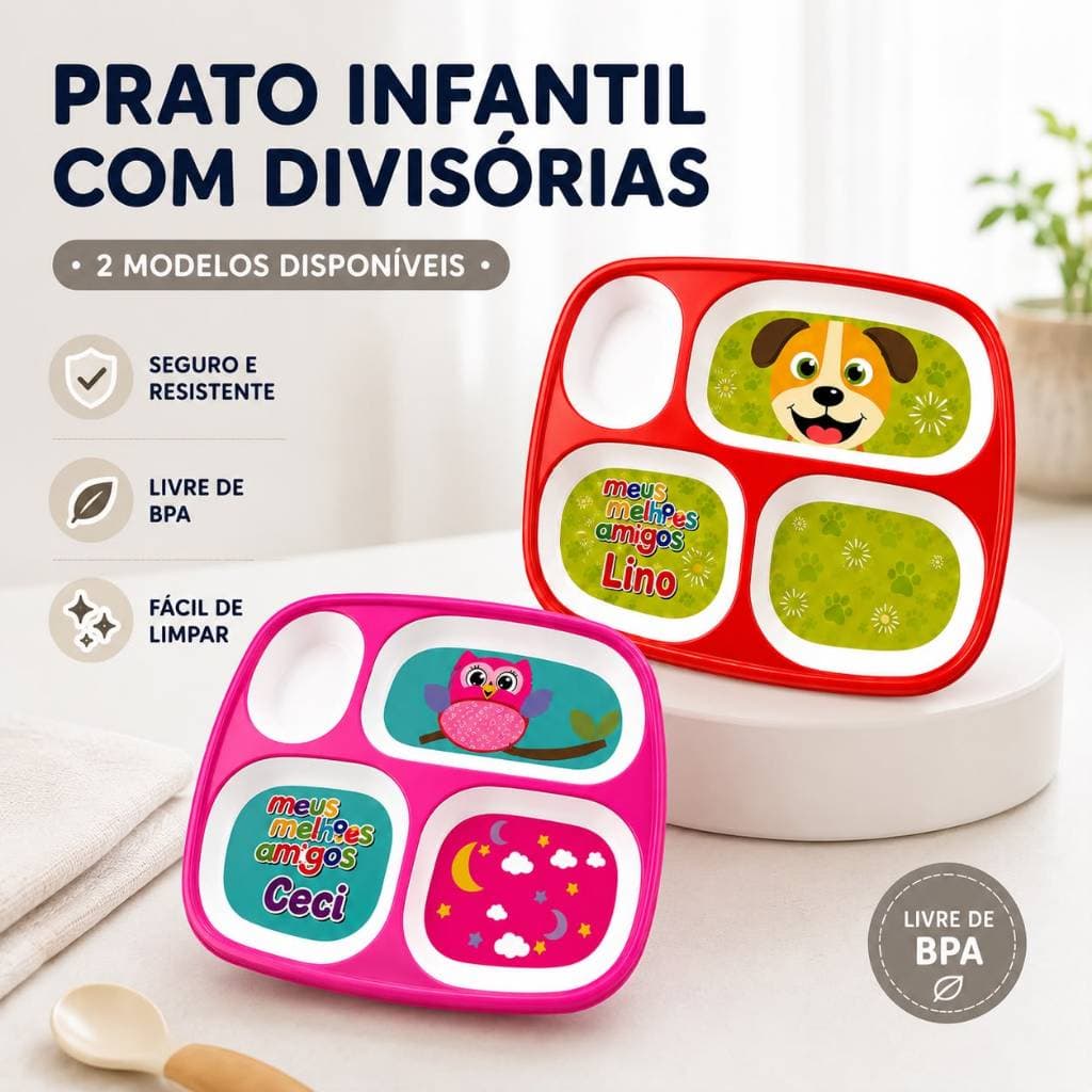 Prato Infantil 4 Divisórias Livre BPA Pratinho Alimentação Infantil Criança