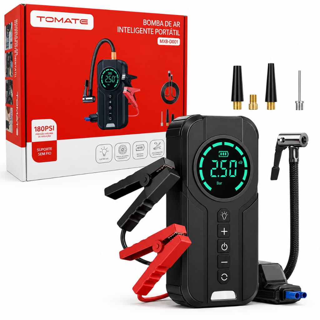 Auxiliar de Partida Compressor de Ar Portátil Calibrador Digital Bomba de Pneu 150 PSI USB Lanterna Automotivo Preto