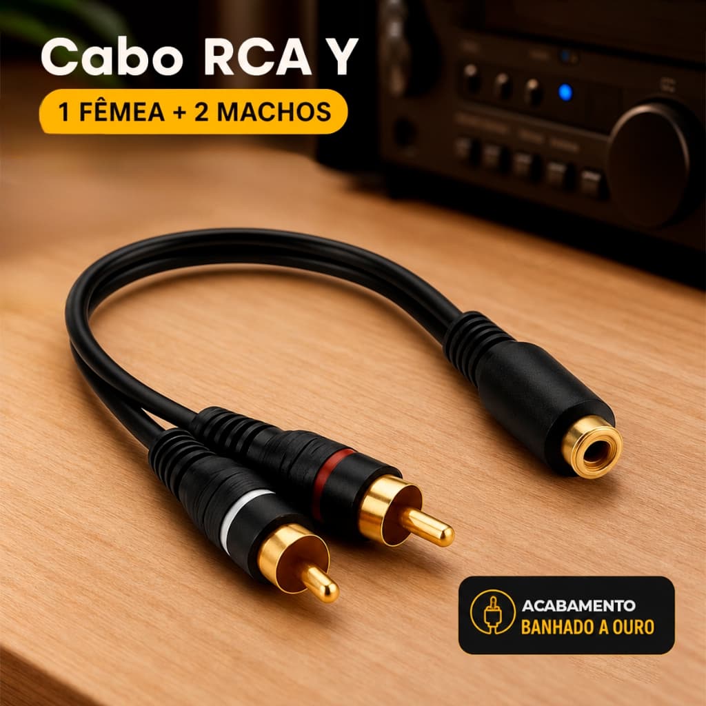 Cabo RCA Ouro 20cm Modelo Y 2 Fêmea 1 Macho 20cm Resistente Módulo Amplificador Som Automotivo