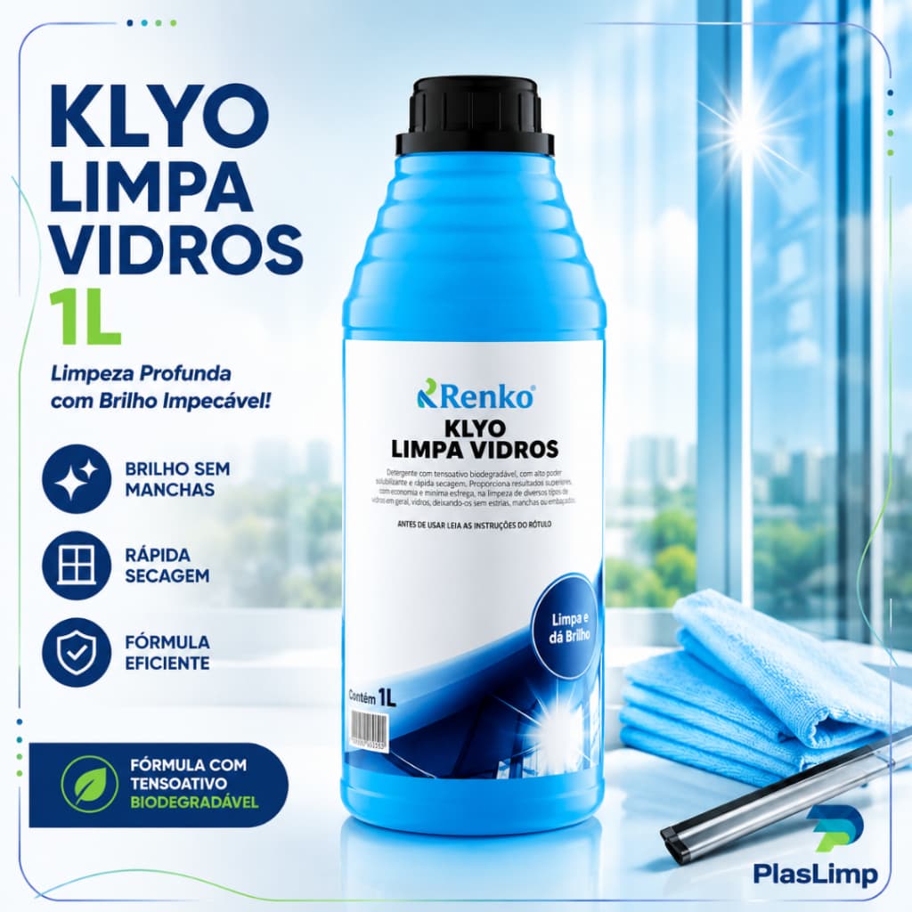 Limpa Vidros 1L Renko Klyo Removedor Sujeiras Vidros Espelhos Vitrines Box Banheiro Vidraças