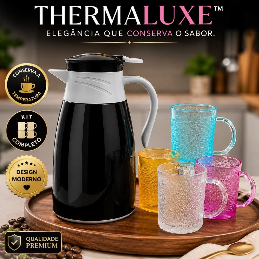 Kit Garrafa Térmica  1L com 4 Canecas de Vidro de 190ml Conserva Temperatura Design Moderno ThermaLuxe