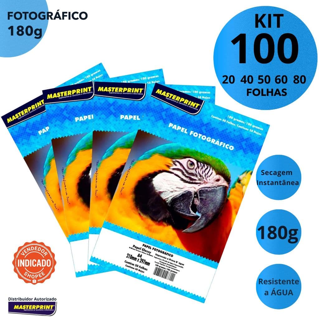 Papel Fotográfico Masterprint Glossy 180g A4 Resistente a Água Secagem Instantânea