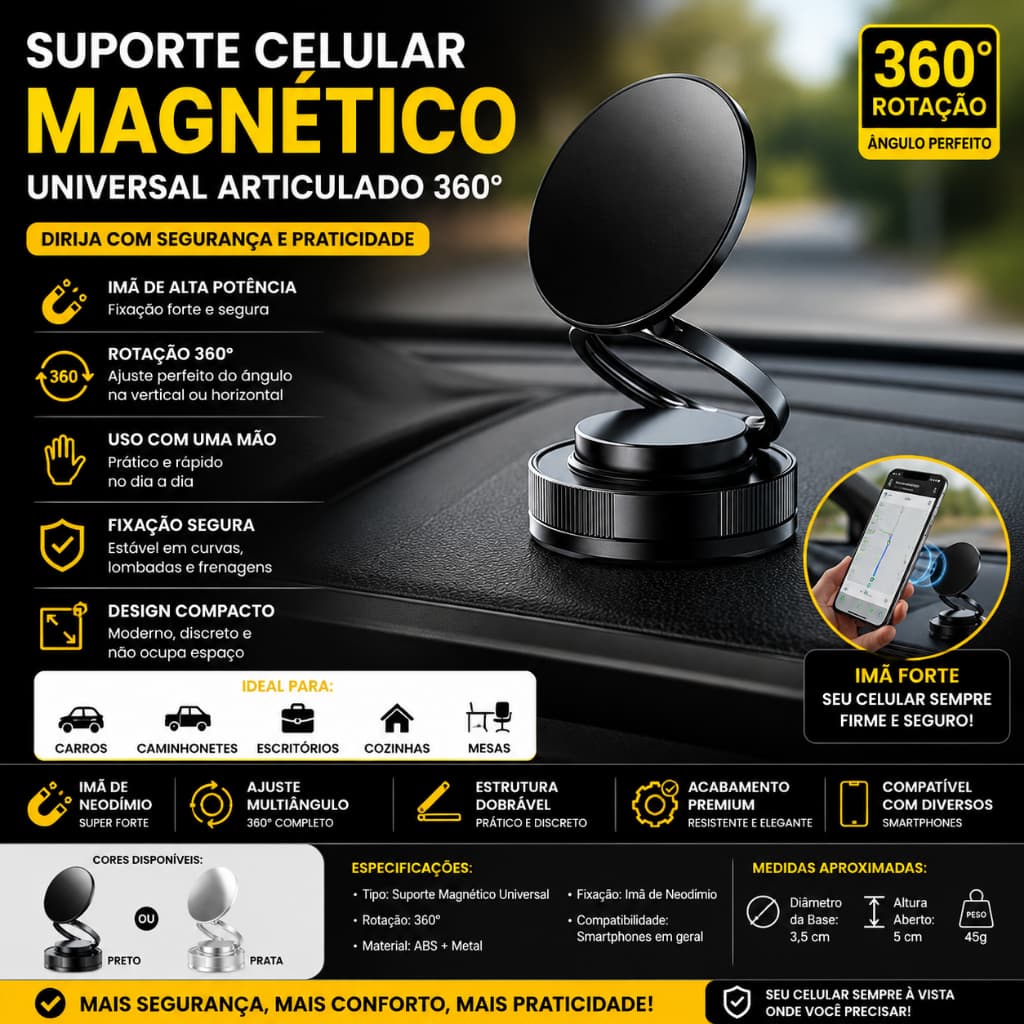 Suporte Dobrável para Celular Universal 360º Suporte Magnético Portátil Ajustável de Carro Base Vácuo Dupla Face Seguro