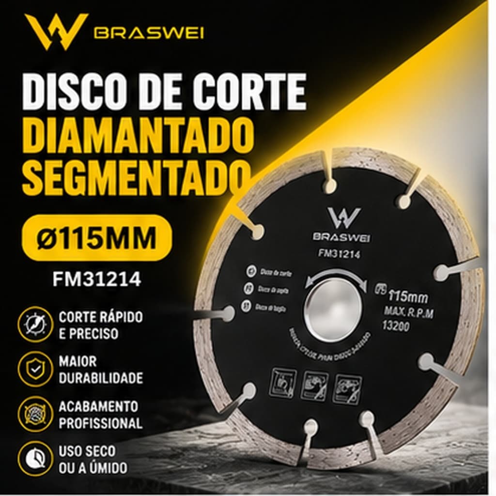 Disco Diamantado Segmentado 115 mm Furo 22,2 mm para Corte Seco e Úmido FM31214 BRASWEI