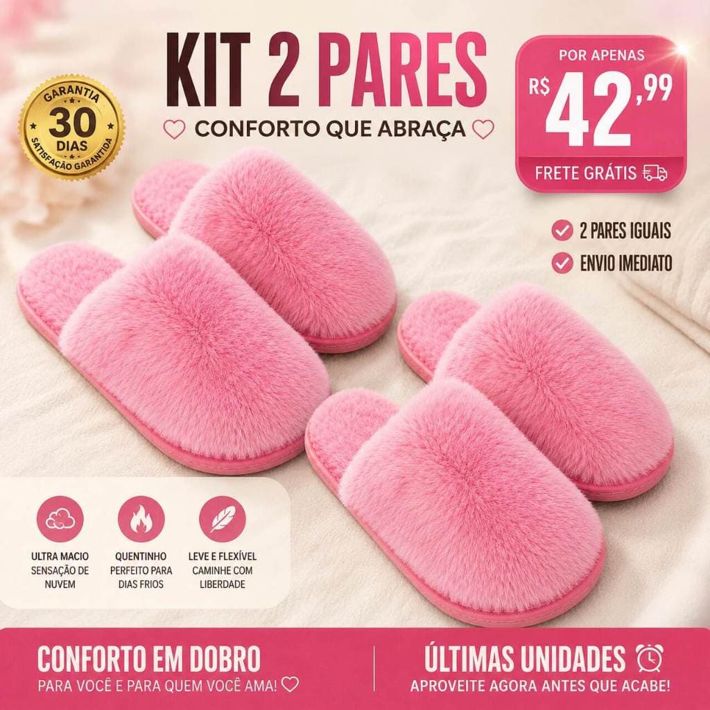 kit 2 Pares Pantufa de Pelúcia Confortável Antiderrapante Inverno
