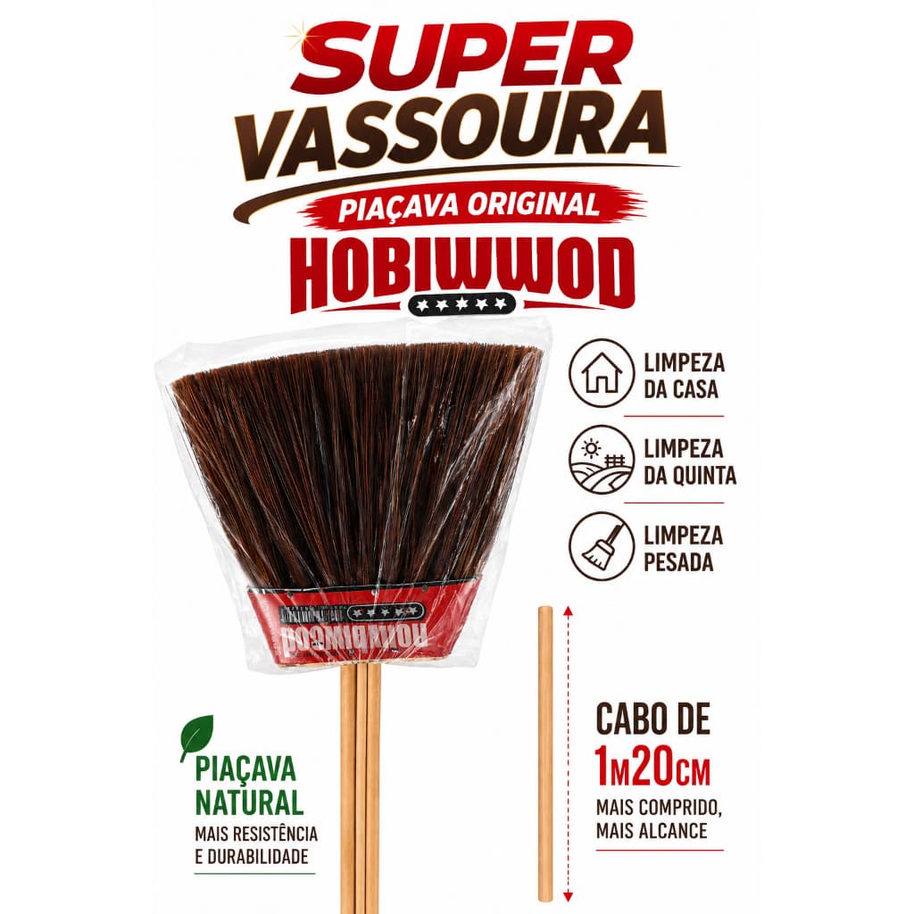 Vassoura Piaçava Natural Hollybiwood Cabo Longo