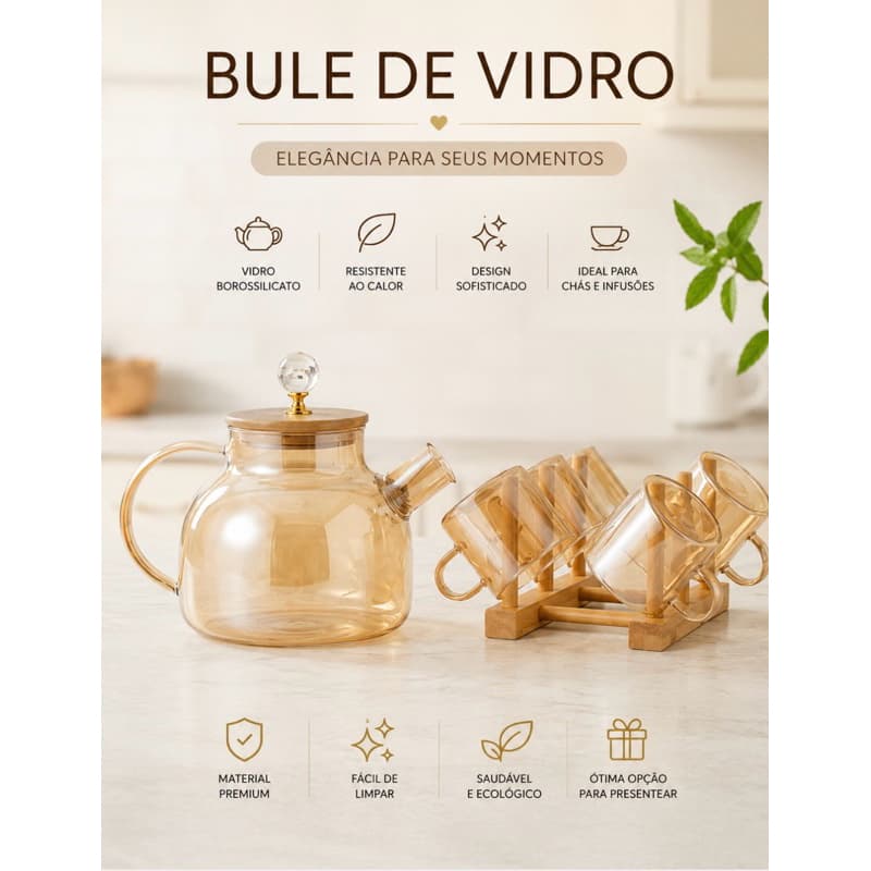 Chaleira de Vidro Âmbar 950 ml com Suporte de Bambu e 6 xícaras de 100 ml cada