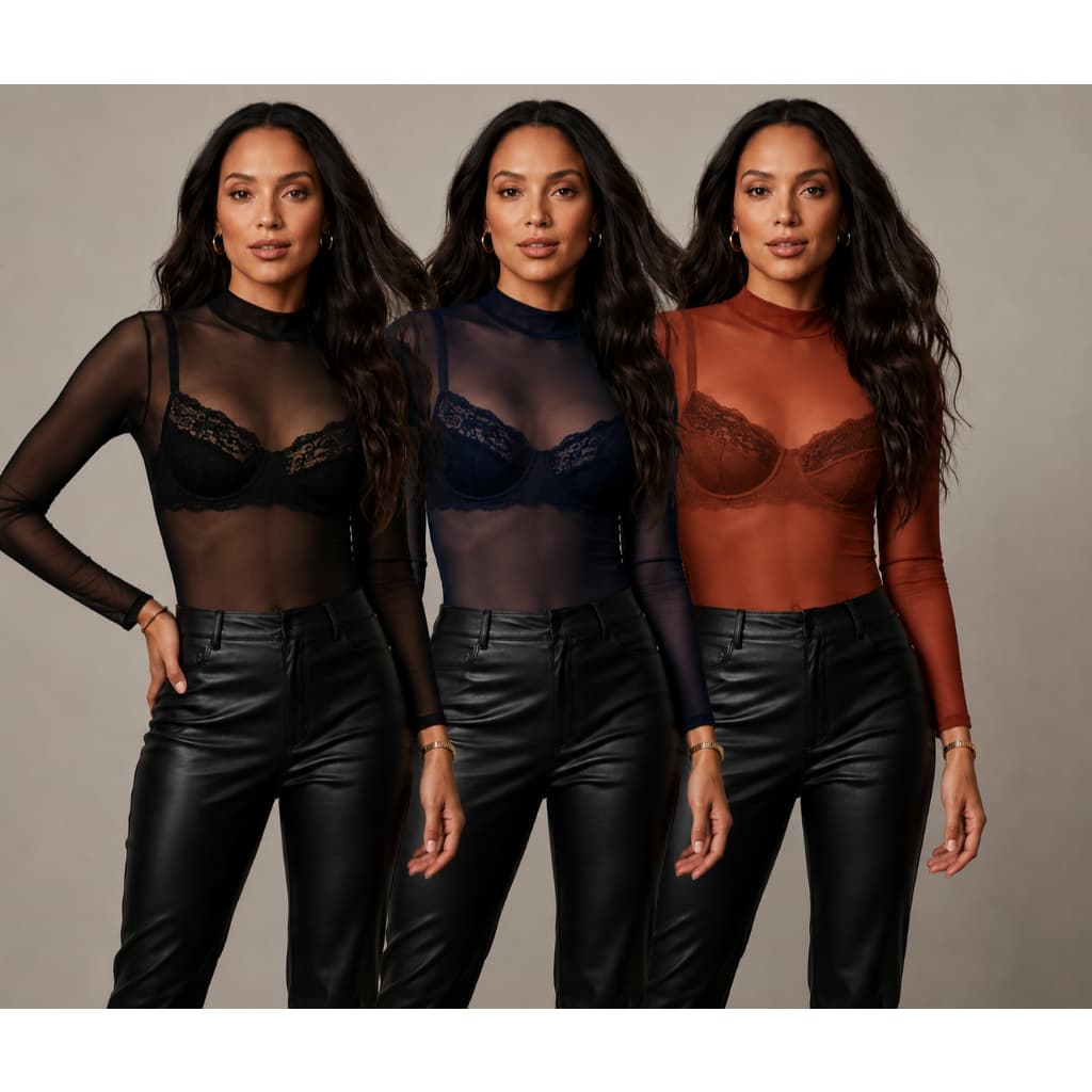 Kit Blusa de Tule Manga Longa e Gola Alta Transparência do M ao Plus Size