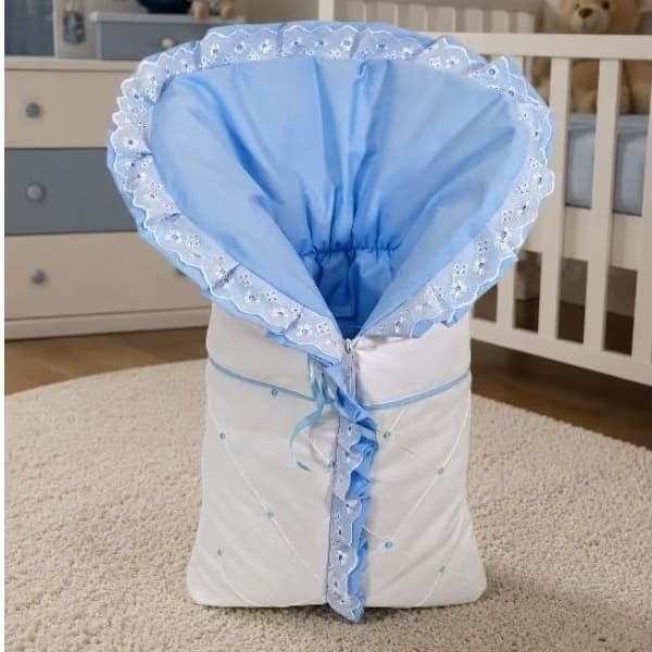 Porta Bebê Saco De Dormir Branco com Azul Claro Tecido Percal 200 Fios
