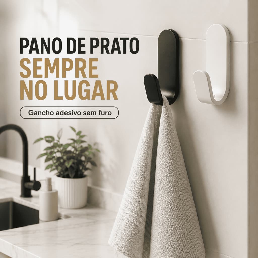 Porta Pano de Prato Adesivo para Cozinha Gancho de Parede Sem Furo 3M Preto ou Branco
