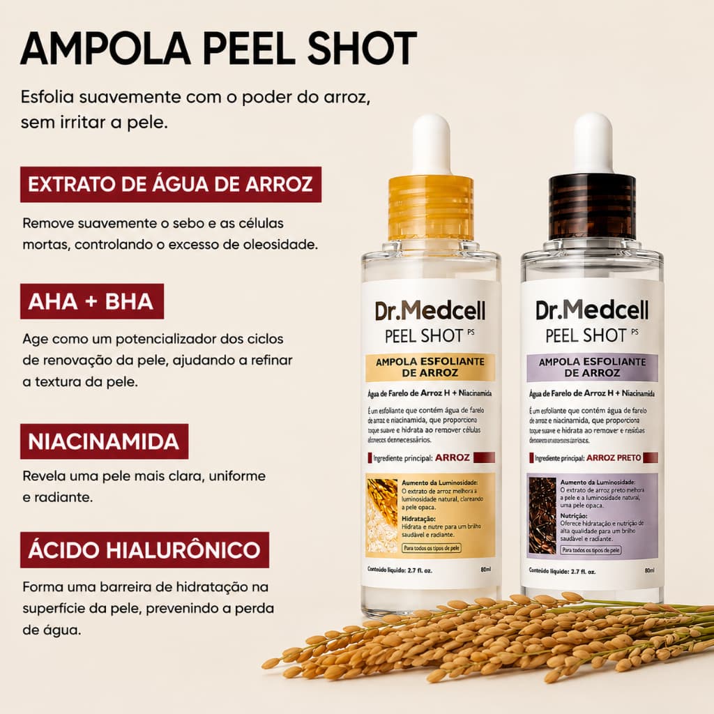 Ampola Esfoliante Facial Serum Facial Água de Arroz AHA BHA Niacinamida Ácido Hialurônico Iluminador K‑Beauty Coreano