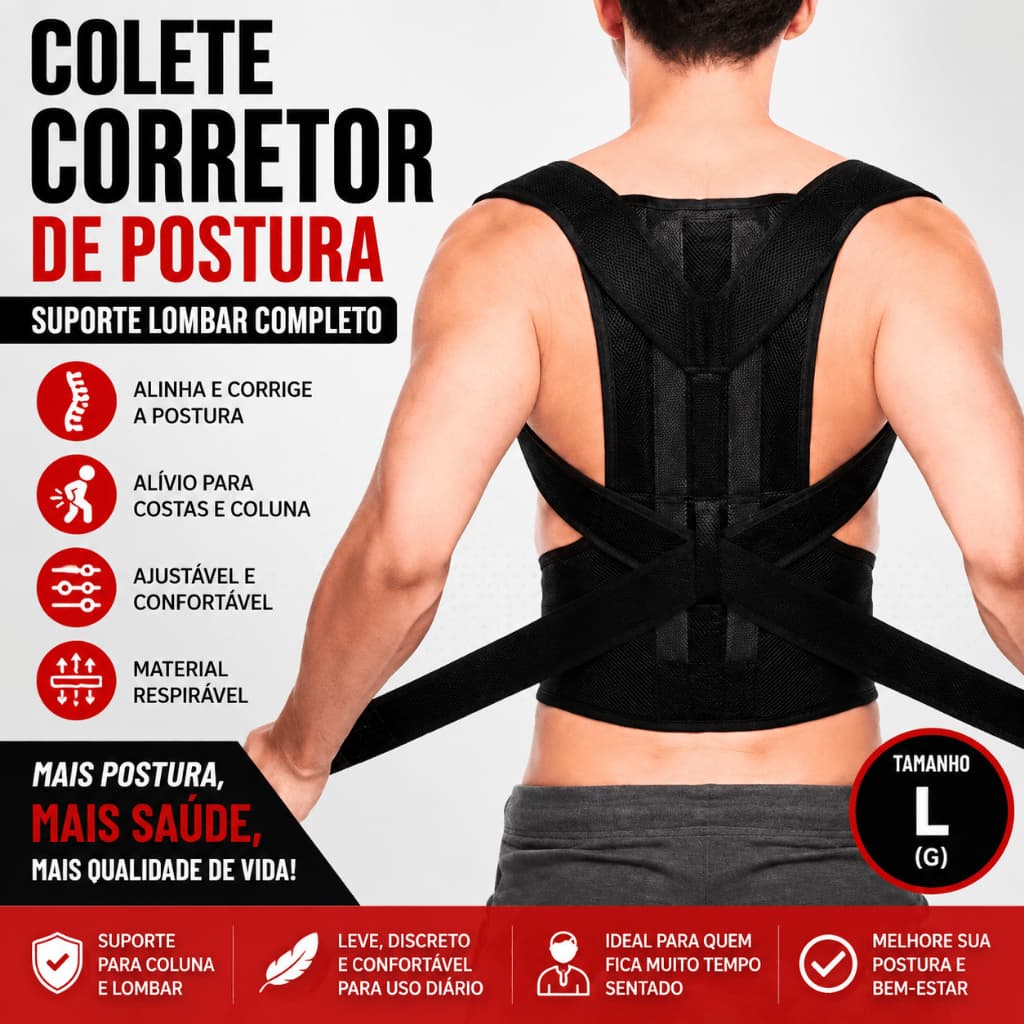 Colete Corretor de Postura Ortopédico Masculino L G Ajustável Suporte Lombar Alívio para Coluna e Costas