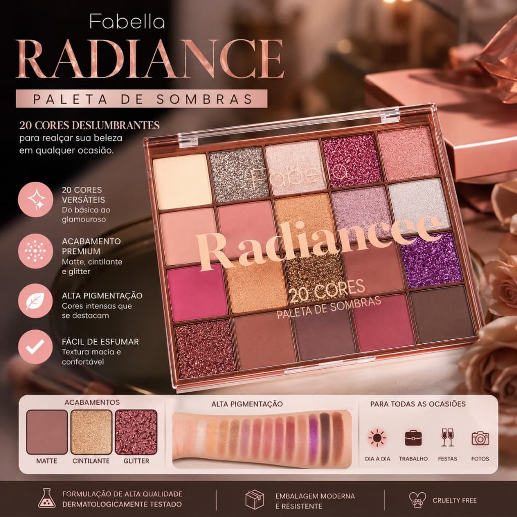 PALETA DE SOMBRAS RADIANCY 20 CORES FEBELLA Premium e Kit de 8 Mini Pincéis Maquiagem Premium